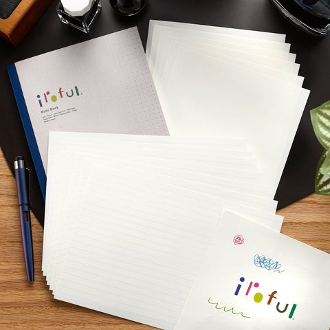 Iroful notebook with blue spine and dotted cover on a desk beside a stack of blank white sheets.