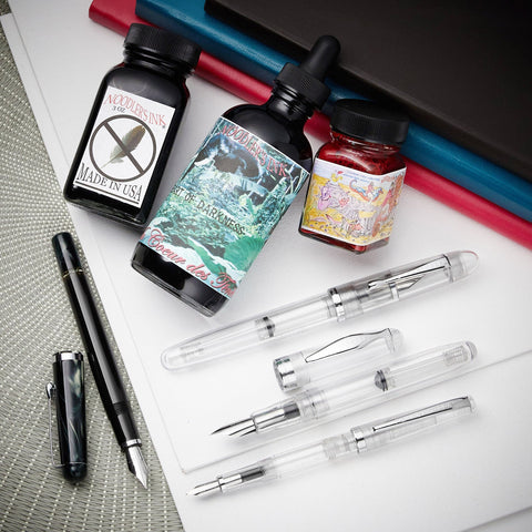 Clear fountain pens and bottles of ink