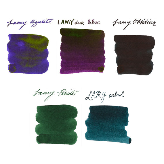 Five different Lamy ink swatches with labels on a white background