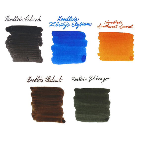 Collection of Noodler's ink swatches in various colors on a white background