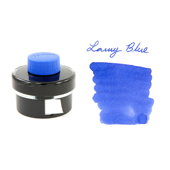 Ink bottle with blue cap and ink swatch labeled 'Lamy Blue' on a white background