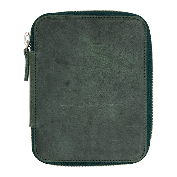 Galen Leather Zippered 10 Slot Pen Case - Crazy Horse Forest Green