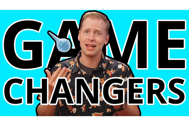 Drew with a bulb syringe and the overlaid text GAME CHANGERS