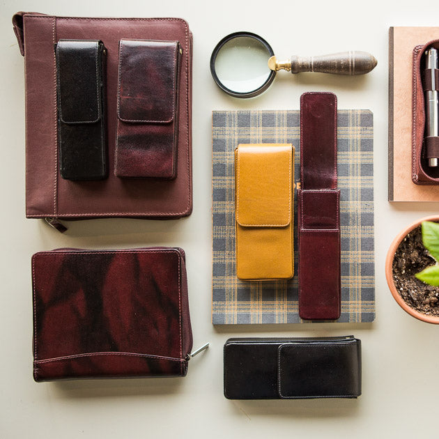 Assorted fountain pen cases on a white background