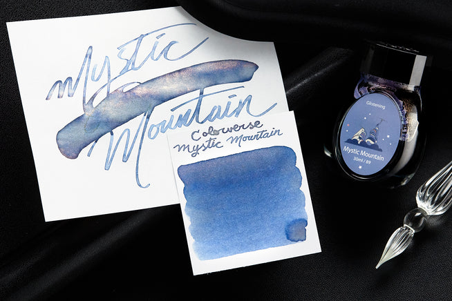 Colorverse Mystic Mountain Ink bottle with writing sample and swab