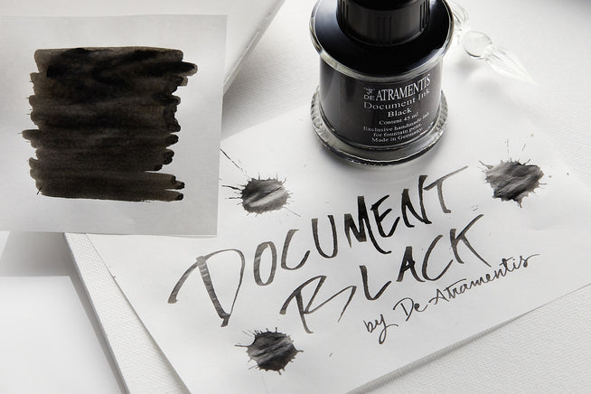 De Atramentis Document Black Ink bottle with arranged ink splatters