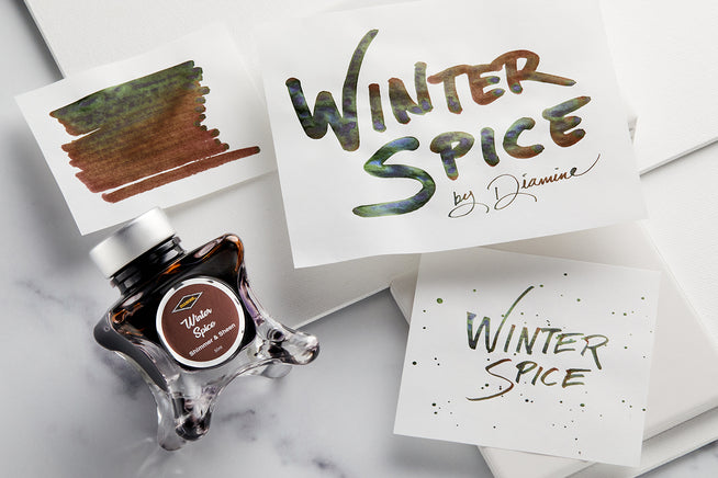 Diamine Winter Space writing sample, swab and bottle on white background