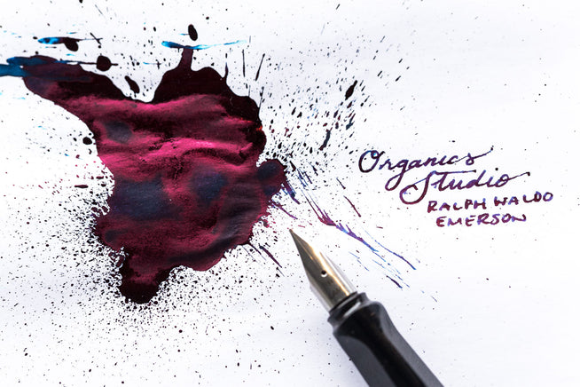 Organics Studio Ralph Waldo Emerson Twilight Blue Fountain pen Ink splatter with sheen and fountain pen