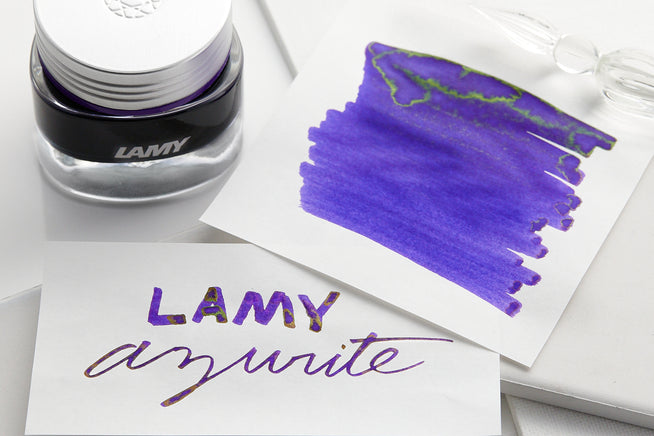 LAMY azurite bottle, and writing sample on white paper