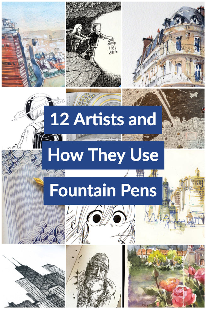 3x4 grid with fountain pen illustrations