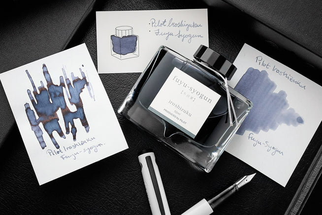 Pilot Iroshizuku Fuyu-syogun bottled ink, swabs, pen