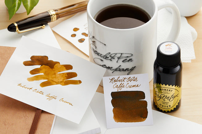 Robert Oster Caffe Crema Fountain Pen Ink bottle, writing sample and swab