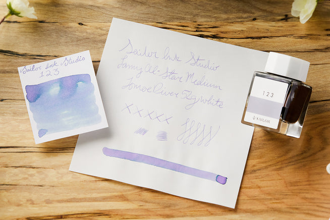 Sailor Ink Studio 123 Fountain Pen ink bottle and swab and writing sample on wooden background