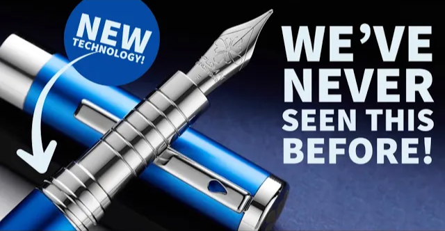 Text: "We've Never Seen This Before!" overlaid on a fountain pen