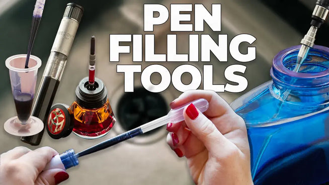 Image with words Pen Filling Tools in white text over array of pen filling tools such as ink syringes, inkwells, and more