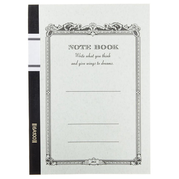 Notebook with decorative cover and text on a white background