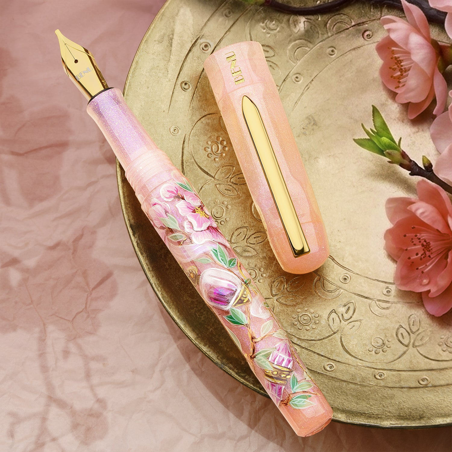STEUABEN 桃　peach クリスタル　スチューベン　1990年代　希少 BENU Talisman Fountain Pen - Peach Blossom - The Goulet Pen Company