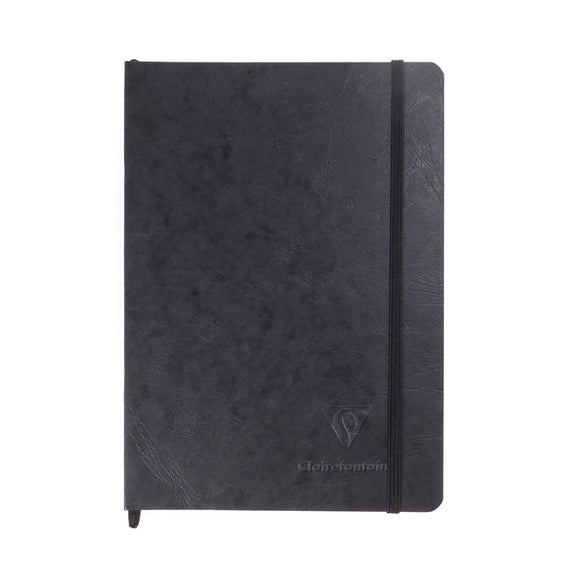 Black notebook with a visible brand logo on a white background