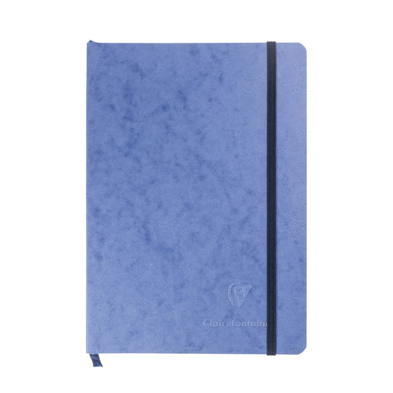 Blue notebook with a black strap on a white background