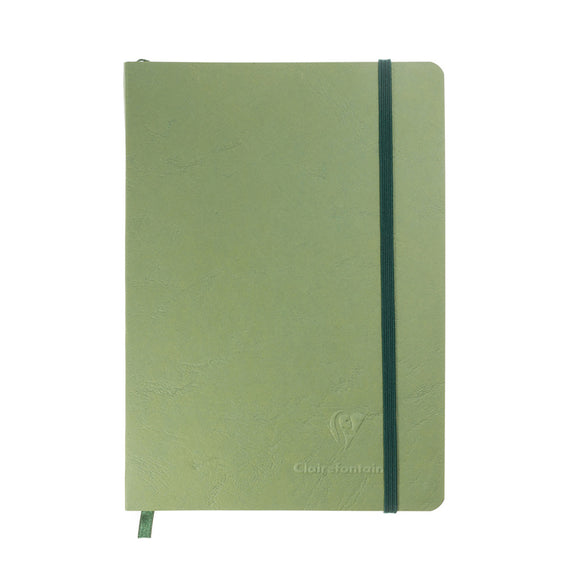 Green notebook with a visible brand logo on a white background