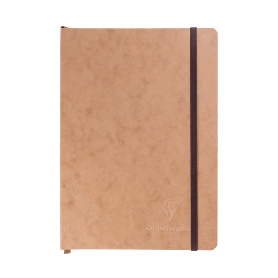 Brown notebook with a black strap on a white background