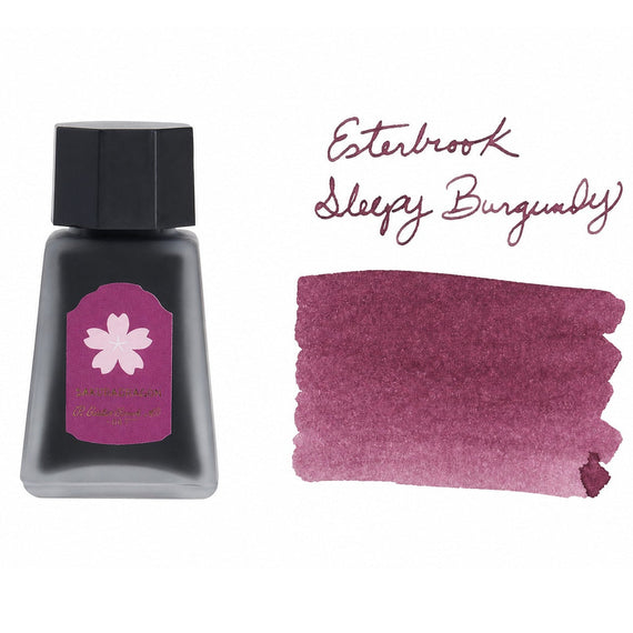 30ml bottle of Esterbrook Sleepy Burgundy ink next to a handwritten label and a swab swatch showing a deep burgundy color.