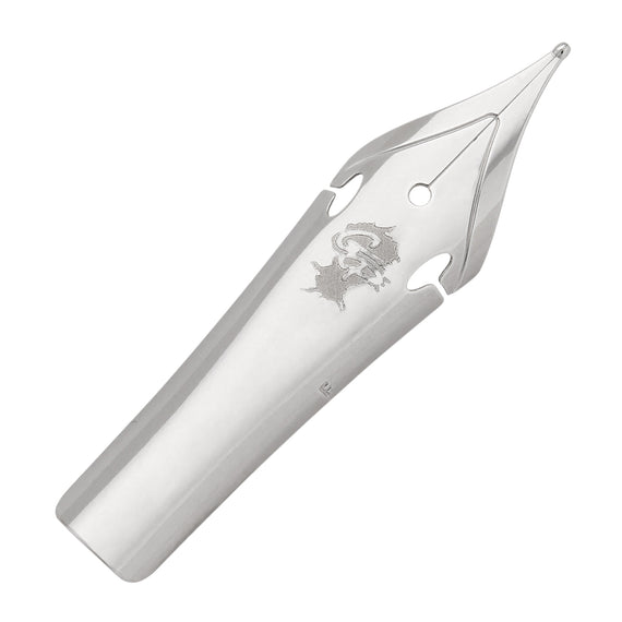 Nib of a fountain pen with a detailed design on a white background