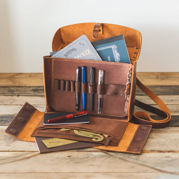 Galen Leather Writer's Medic Bag in Crazy Horse Tan. A stylish and functional writing kit bag with compartments for notebooks, pens, and accessories.