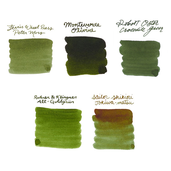 Five green ink swatches with names of ink brands below each swatch on a white background.