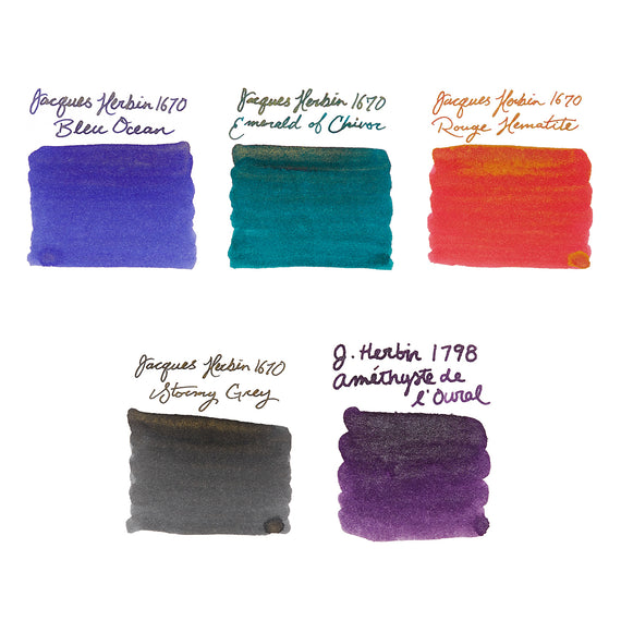 Five color swatches with Jacques Herbin ink names on a white background