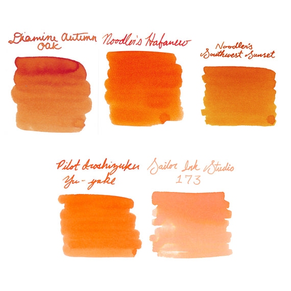 Set of orange ink swatches with brand names on a white background