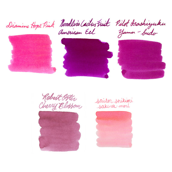 Color swatches of pink ink with brand names on a white background