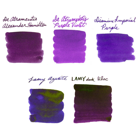 Five swatches of purple ink from different brands on a white background