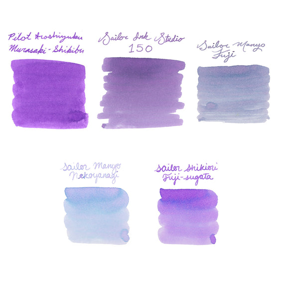 Color swatches of purple ink with brand names on a white background