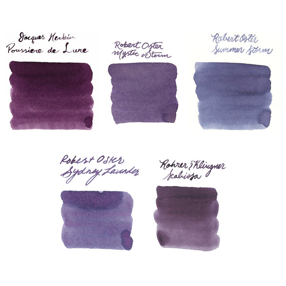 Five different purple ink swatches with their names on a white background