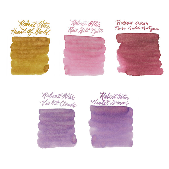 Five swatches of ink in different colors with Robert Oster branding on a white background.