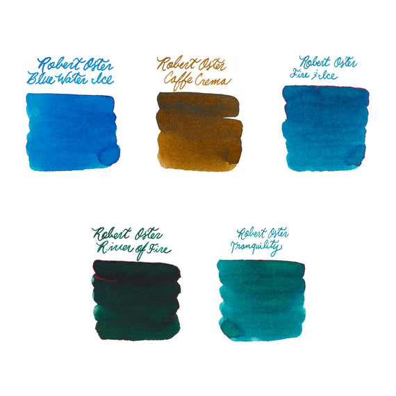 Five swatches of ink with labeled colors on a white background