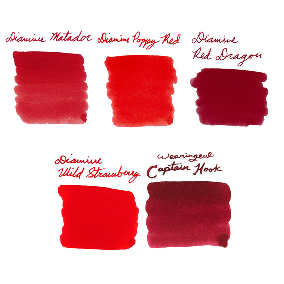 Five different shades of red ink swatches on a white background with brand names.