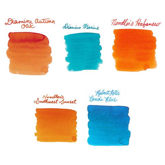 Color swatches of ink with labels on a white background