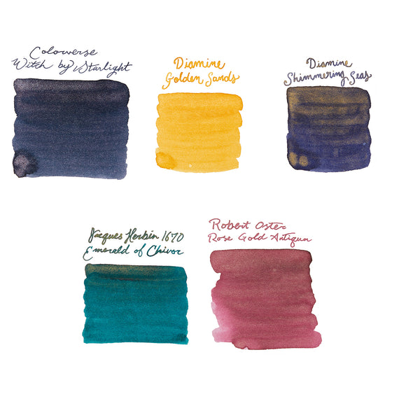 Collection of ink swatches with brand names on a white background