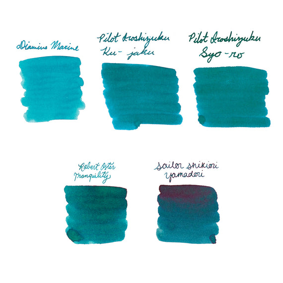 Comparison of teal blue ink swatches from different brands on a white background