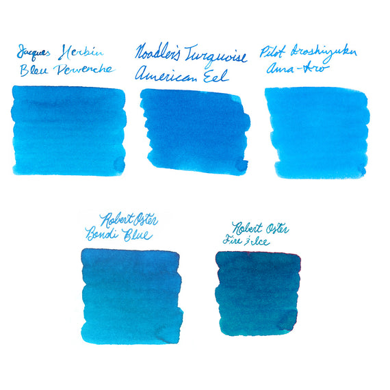 Five turquoise blue ink swatches with names labeled on a white background