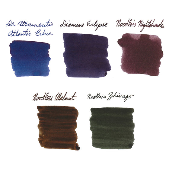 Five different ink swatches labeled with brand names on a white background