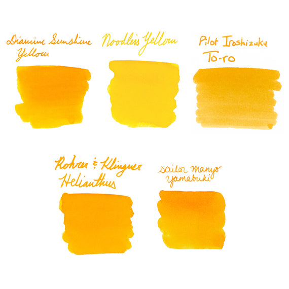 Five swatches of yellow ink with brand names on a white background