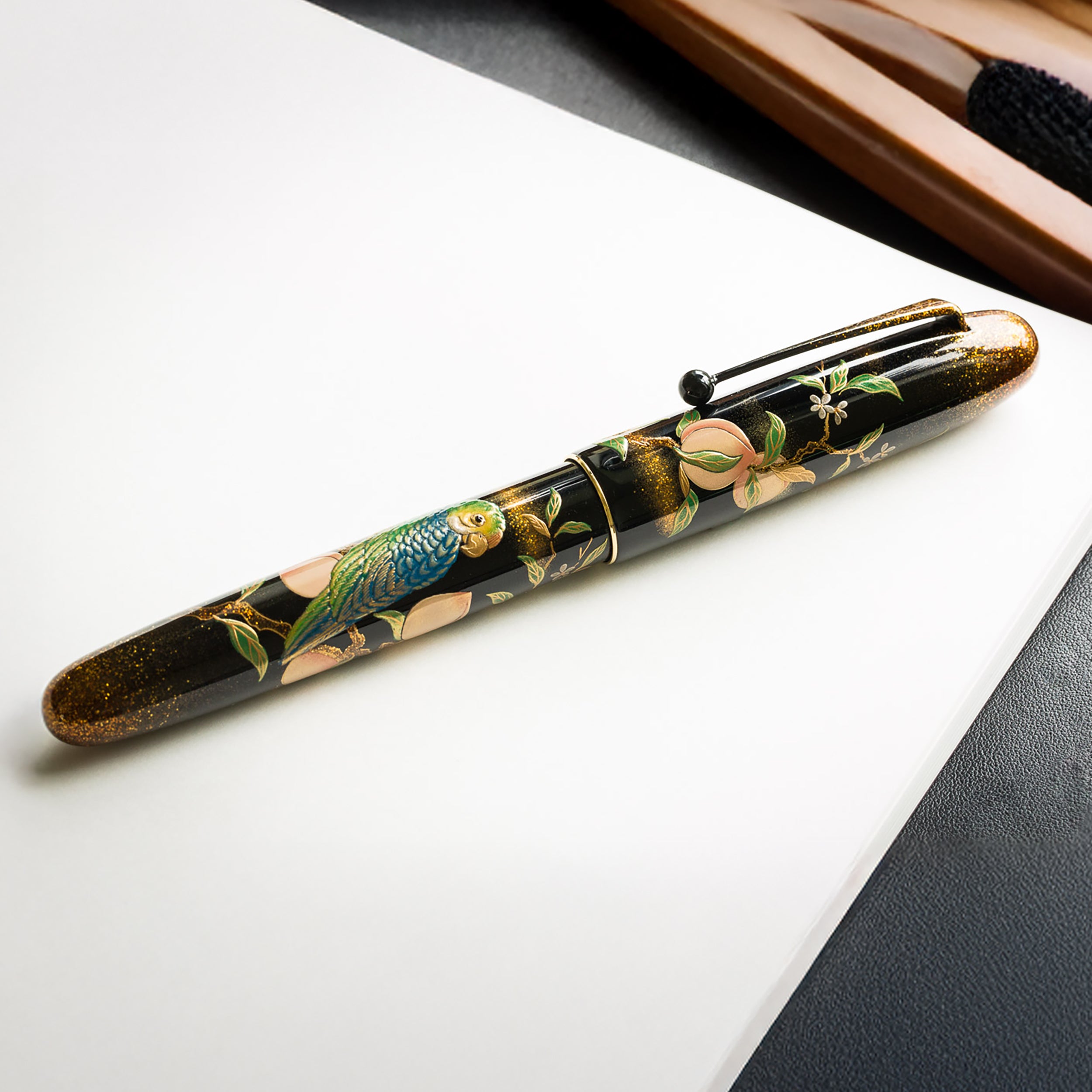 Namiki Yukari Royale Maki-e Fountain Pen - Parrot with Peach - The