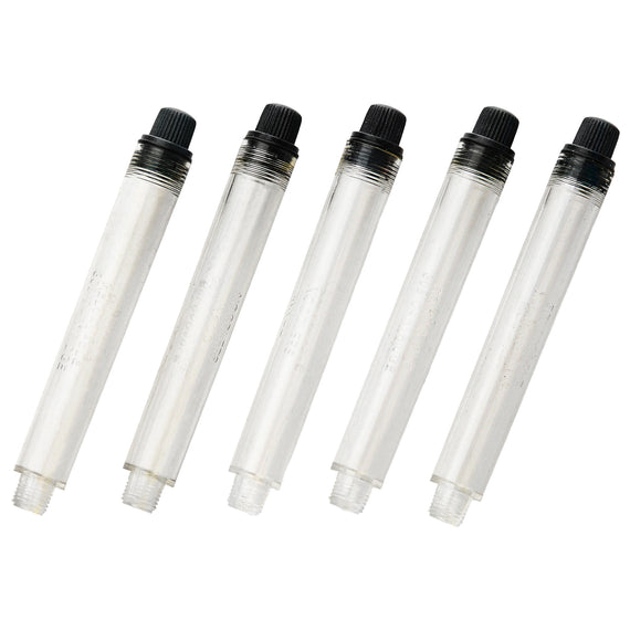 Five clear plastic empty ink cartridges with black caps on a white background