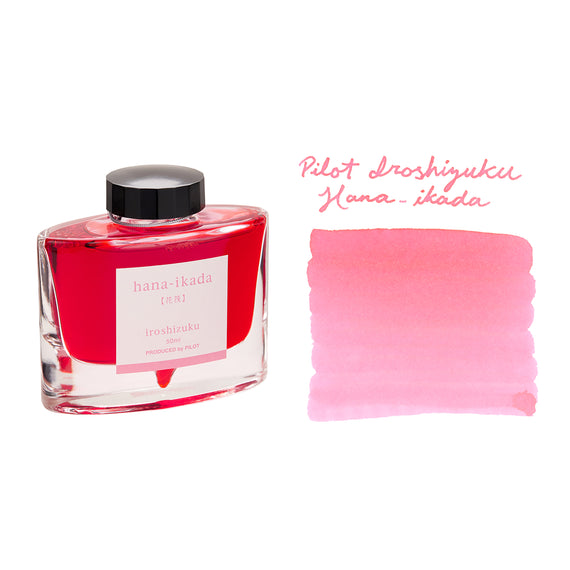 Pilot Iroshizuku Hana-ikada -50 ml bottle and  Ink sample  on white background