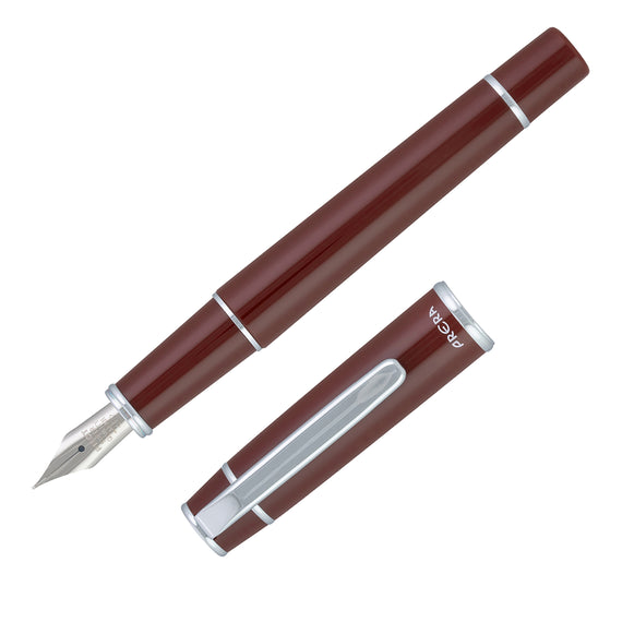A dark brown pen with silver accents on a white background