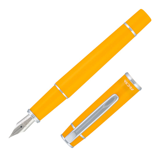 Yellow fountain pen with silver accents on a white background
