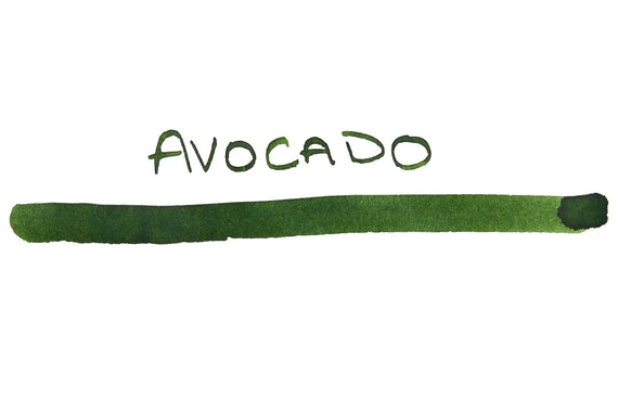 Private Reserve Avocado green ink swatch and writing on a white background